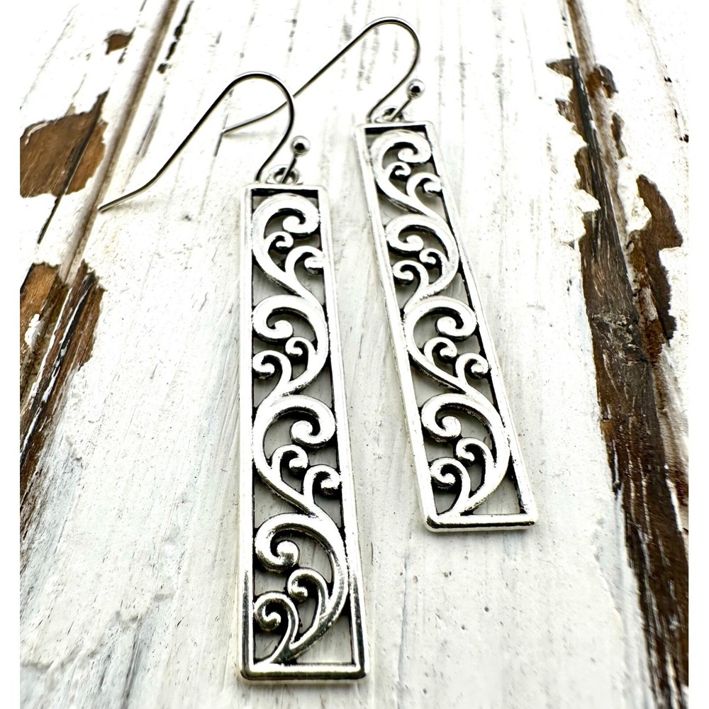 Skinny Filigree Bar Earrings Carved Silver Tone NEW